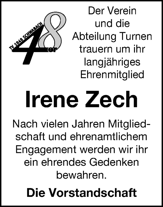 Traueranzeige von Irene Zech von Schwabacher Tagblatt Lokal