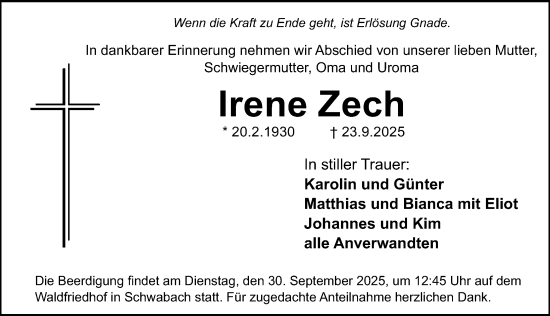 Traueranzeige von Irene Zech von Schwabacher Tagblatt Lokal