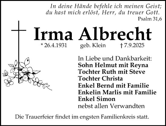 Traueranzeige von Irma Albrecht von Schwabacher Tagblatt Lokal