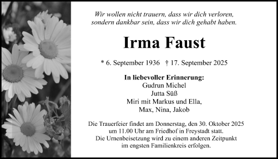 Traueranzeige von Irma Faust von Neumarkter Nachrichten Lokal