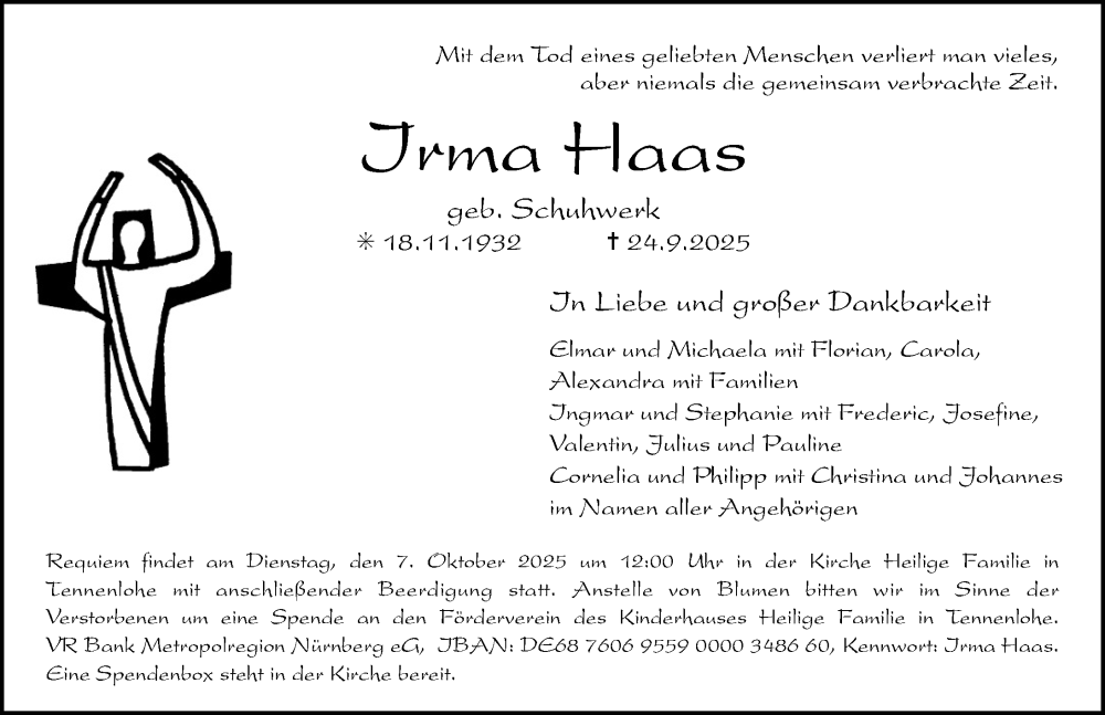  Traueranzeige für Irma Haas vom 01.10.2025 aus Erlanger Nachrichten Lokal