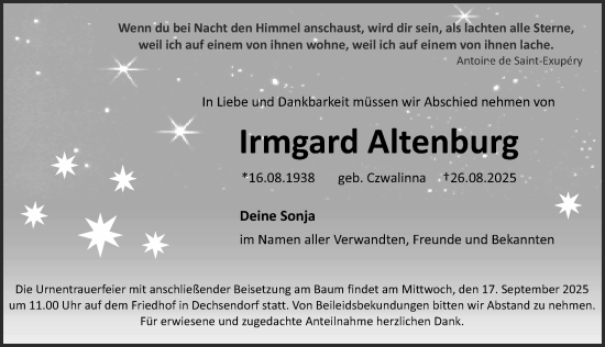 Traueranzeige von Irmgard Altenburg von Erlanger Nachrichten Lokal
