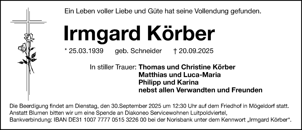  Traueranzeige für Irmgard Körber vom 27.09.2025 aus Gesamtausgabe Nürnberger Nachrichten/ Nürnberger Ztg.