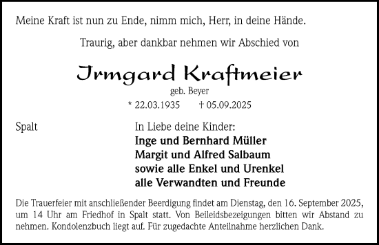 Traueranzeige von Irmgard Kraftmeier von Roth-Hilpoltsteiner Volkszeitung Lokal