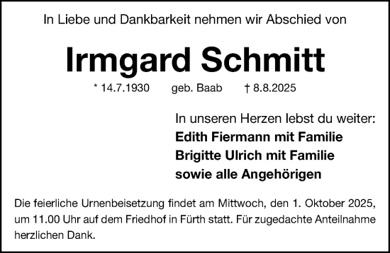 Traueranzeige von Irmgard Schmitt von Fürther Nachrichten Lokal