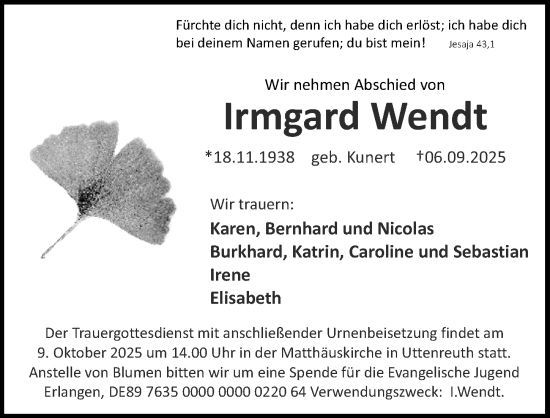 Traueranzeige von Irmgard Wendt von Erlanger Nachrichten Lokal