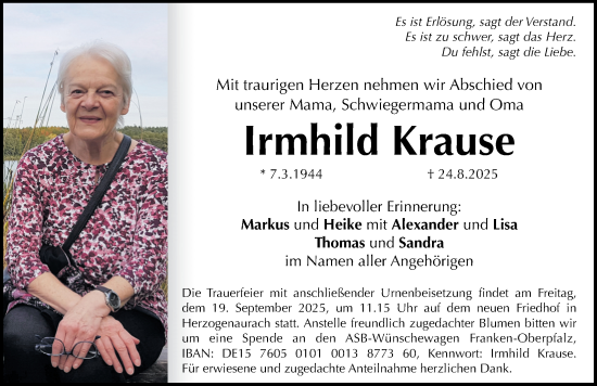 Traueranzeige von Irmhild Krause von Erlanger Nachrichten Lokal