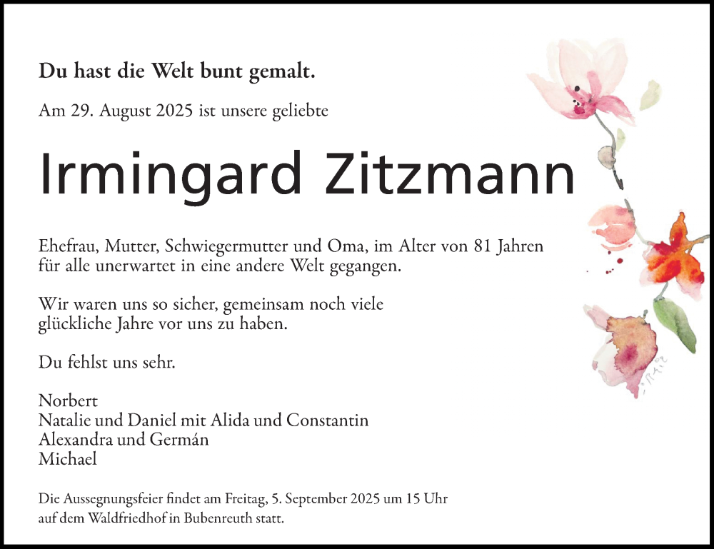  Traueranzeige für Irmingard Zitzmann vom 03.09.2025 aus Erlanger Nachrichten Lokal