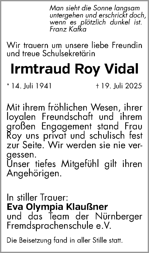  Traueranzeige für Irmtraud Roy Vidal vom 20.09.2025 aus Gesamtausgabe Nürnberger Nachrichten/ Nürnberger Ztg.
