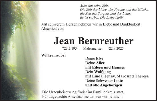 Traueranzeige von Jean Bernreuther von Fürther Nachrichten Lokal