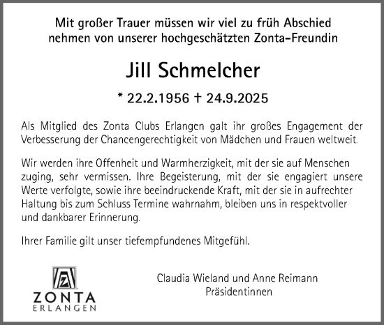 Traueranzeige von Jill Schmelcher von Erlanger Nachrichten Lokal
