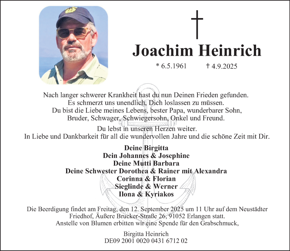  Traueranzeige für Joachim Heinrich vom 10.09.2025 aus Erlanger Nachrichten Lokal