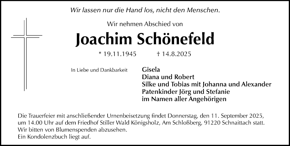  Traueranzeige für Joachim Schönefeld vom 06.09.2025 aus Gesamtausgabe Nürnberger Nachrichten/ Nürnberger Ztg.