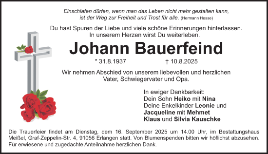 Traueranzeige von Johann Bauerfeind von Erlanger Nachrichten Lokal