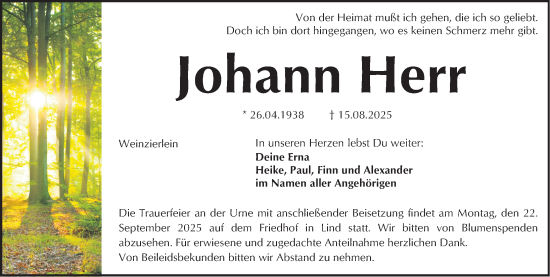 Traueranzeige von Johann Herr von Fürther Nachrichten Lokal