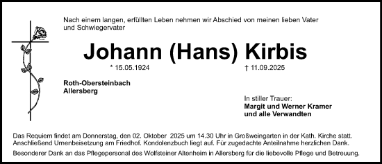 Traueranzeige von Johann Kirbis von Roth-Hilpoltsteiner Volkszeitung Lokal