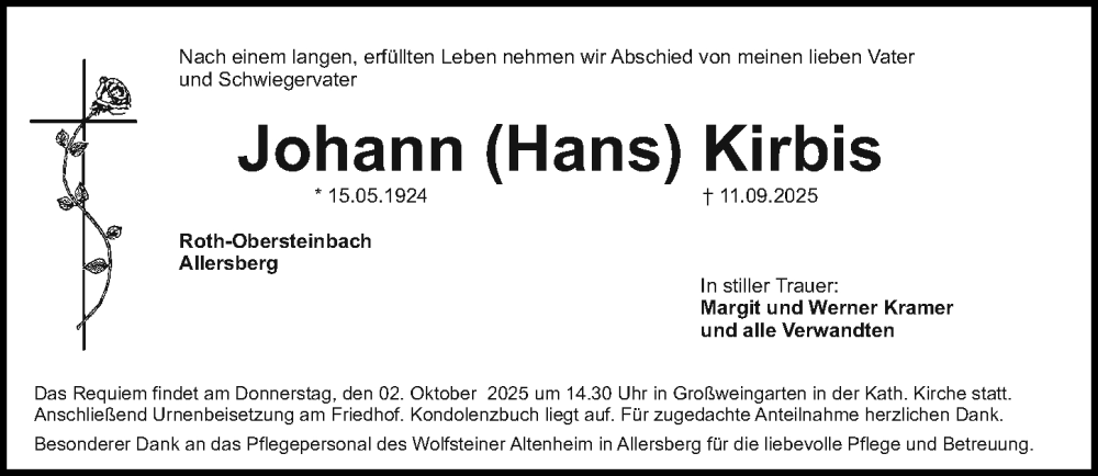  Traueranzeige für Johann Kirbis vom 27.09.2025 aus Gesamtausgabe Nürnberger Nachrichten/ Nürnberger Ztg.