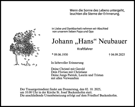 Traueranzeige von Johann Neubauer von Nordbayerische Nachrichten Forchheim Lokal