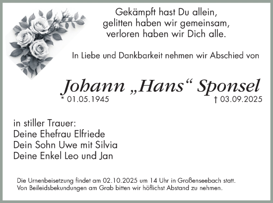 Traueranzeige von Johann Sponsel von Erlanger Nachrichten Lokal