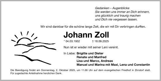 Traueranzeige von Johann Zoll von Fürther Nachrichten Lokal