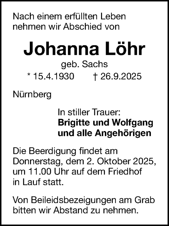Traueranzeige von Johanna Löhr von Gesamtausgabe Nürnberger Nachrichten/ Nürnberger Ztg.