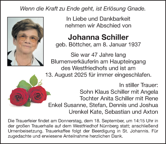 Traueranzeige von Johanna Schiller von Gesamtausgabe Nürnberger Nachrichten/ Nürnberger Ztg.