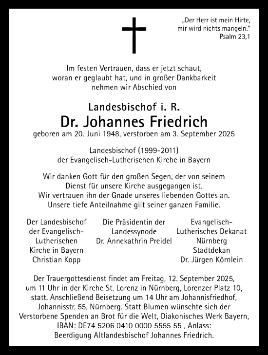 Traueranzeige von Johannes Friedrich von Gesamtausgabe Nürnberger Nachrichten/ Nürnberger Ztg.