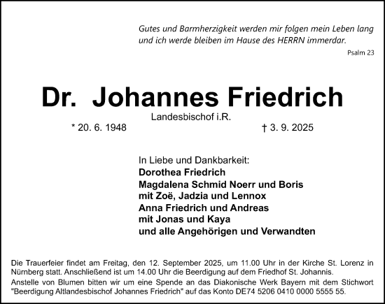 Traueranzeige von Johannes Friedrich von Gesamtausgabe Nürnberger Nachrichten/ Nürnberger Ztg.