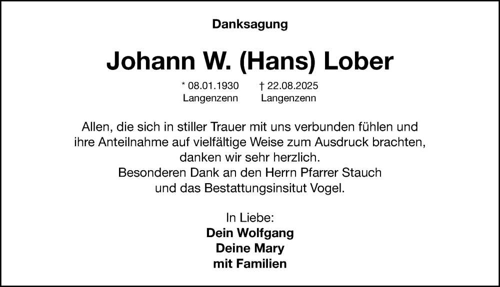  Traueranzeige für Johann W. Lober vom 06.09.2025 aus Fürther Nachrichten Lokal
