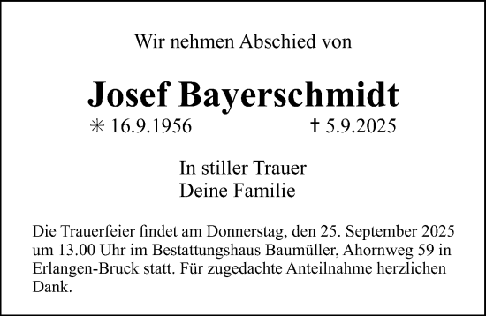 Traueranzeige von Josef Bayerschmidt von Erlanger Nachrichten Lokal