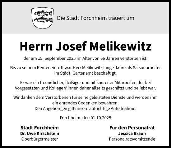 Traueranzeige von Josef Melikewitz von Nordbayerische Nachrichten Forchheim Lokal