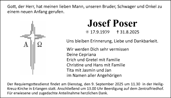 Traueranzeige von Josef Poser von Erlanger Nachrichten Lokal