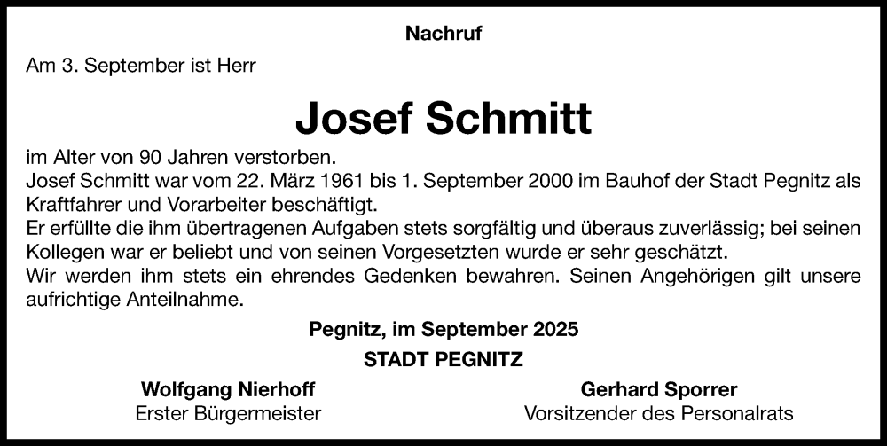  Traueranzeige für Josef Schmitt vom 06.09.2025 aus Nordbayerische Nachrichten Pegnitz Lokal