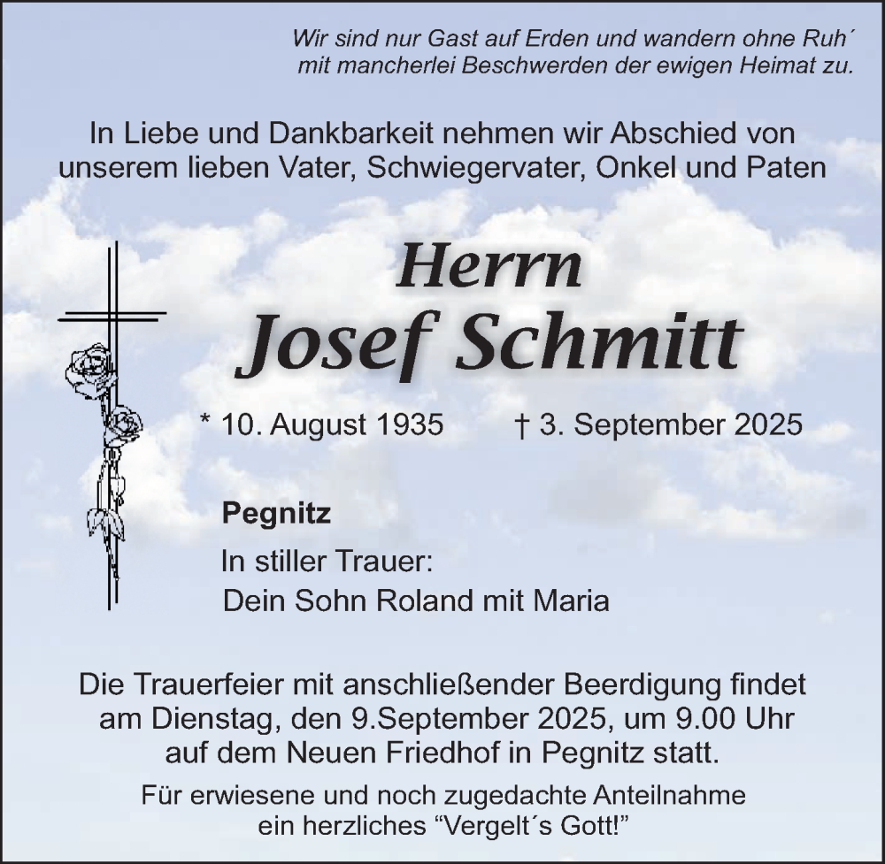  Traueranzeige für Josef Schmitt vom 06.09.2025 aus Nordbayerische Nachrichten Pegnitz Lokal