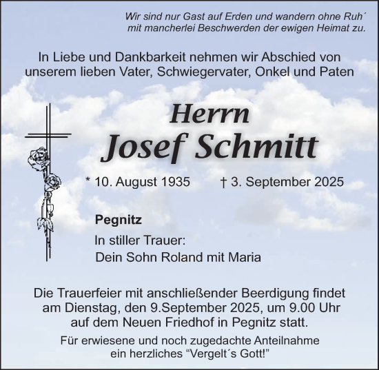 Traueranzeige von Josef Schmitt von Nordbayerische Nachrichten Pegnitz Lokal