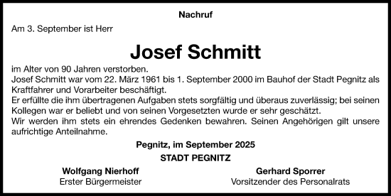 Traueranzeige von Josef Schmitt von Nordbayerische Nachrichten Pegnitz Lokal