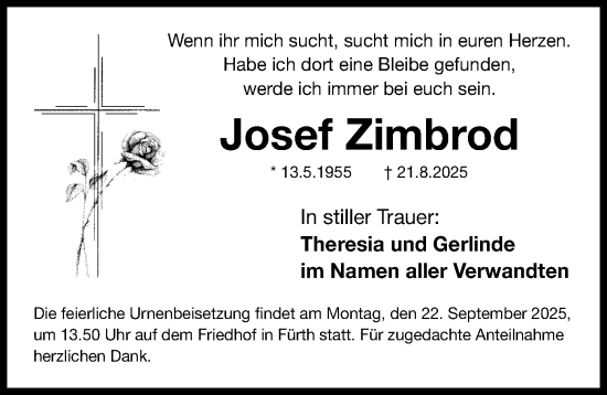 Traueranzeige von Josef Zimbrod von Fürther Nachrichten Lokal