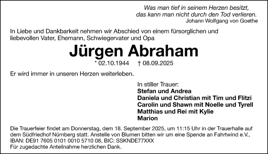 Traueranzeige von Jürgen Abraham von Gesamtausgabe Nürnberger Nachrichten/ Nürnberger Ztg.