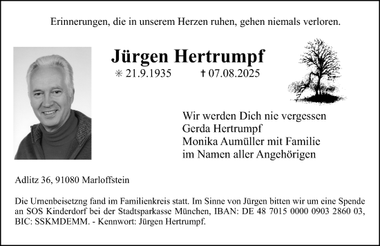 Traueranzeige von Jürgen Hertrumpf von Erlanger Nachrichten Lokal