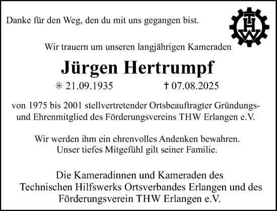 Traueranzeige von Jürgen Hertrumpf von Erlanger Nachrichten Lokal