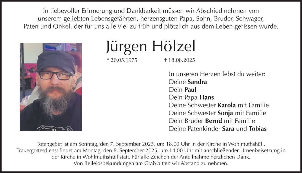  Traueranzeige für Jürgen Hölzel vom 03.09.2025 aus Nordbayerische Nachrichten Forchheim Lokal