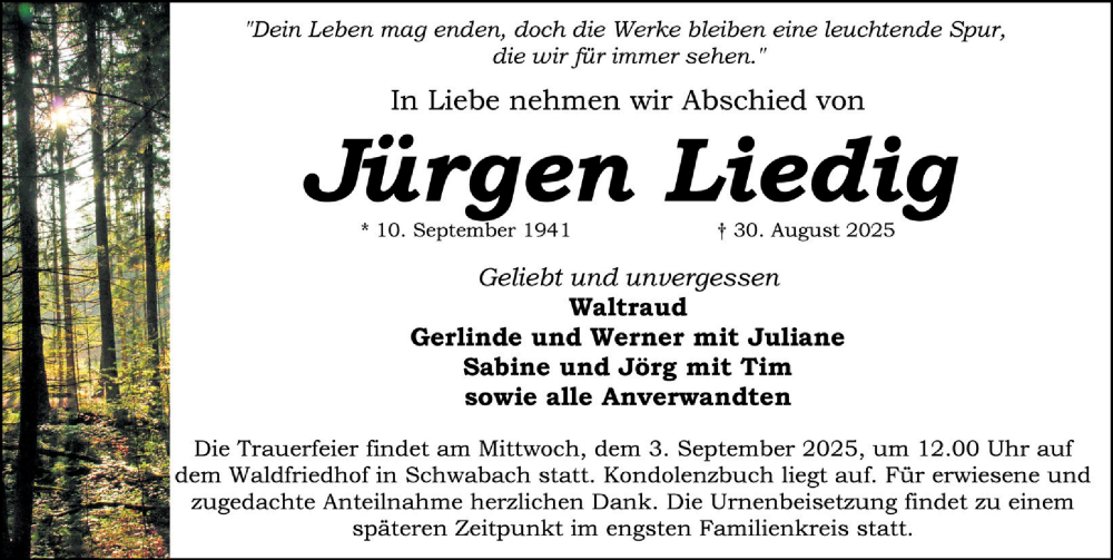  Traueranzeige für Jürgen Liedig vom 02.09.2025 aus Schwabacher Tagblatt Lokal