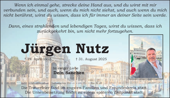 Traueranzeige von Jürgen Nutz von Schwabacher Tagblatt Lokal
