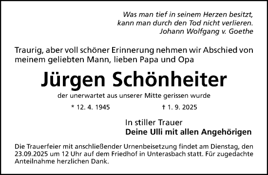 Traueranzeige von Jürgen Schönheiter von Fürther Nachrichten Lokal