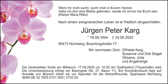 Traueranzeige von Jürgen Peter Karg von Gesamtausgabe Nürnberger Nachrichten/ Nürnberger Ztg.
