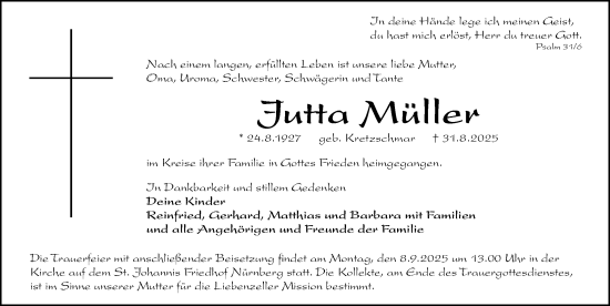 Traueranzeige von Jutta Müller von Gesamtausgabe Nürnberger Nachrichten/ Nürnberger Ztg.