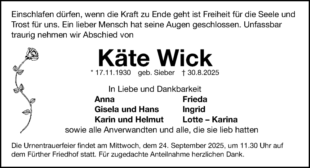  Traueranzeige für Käte Wick vom 20.09.2025 aus Fürther Nachrichten Lokal