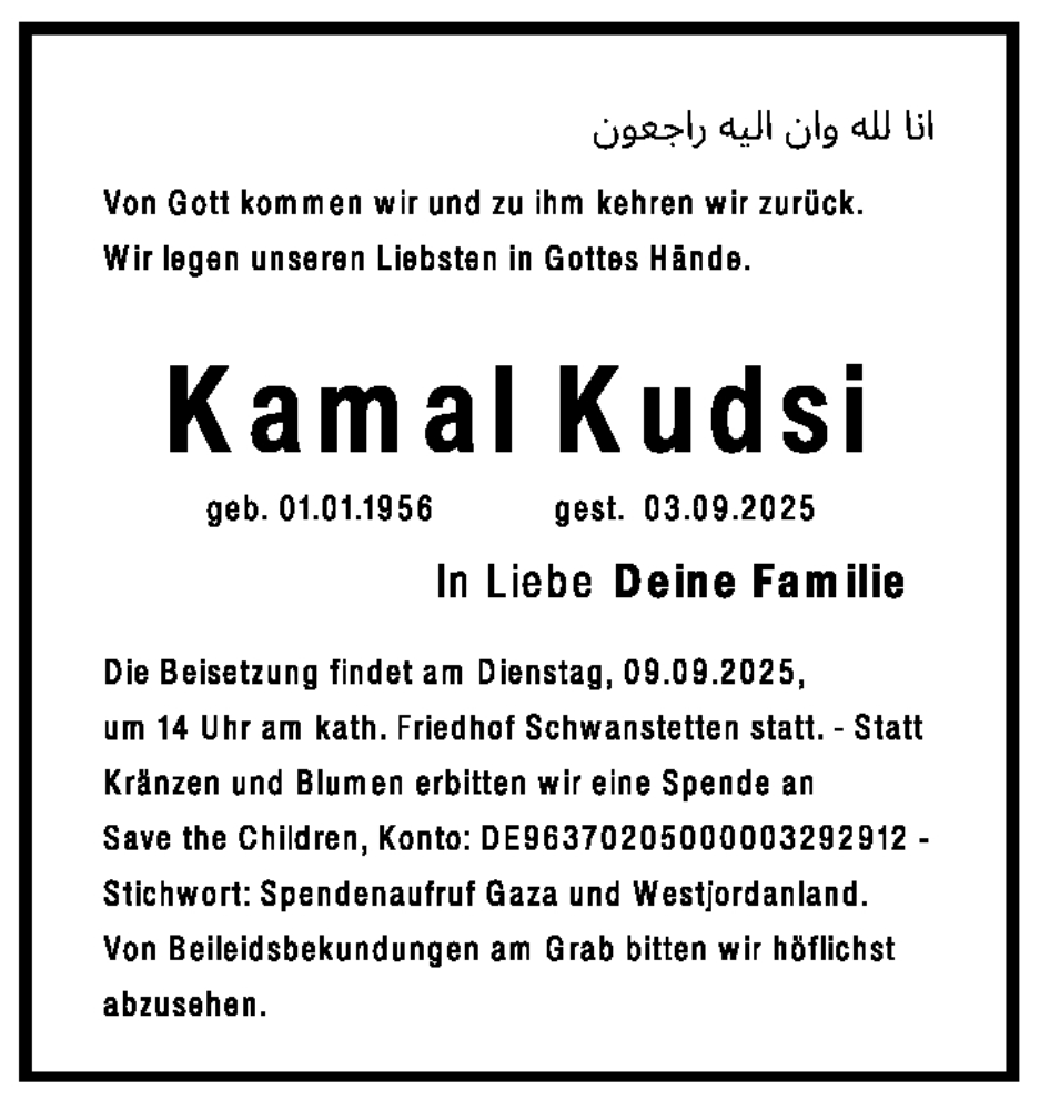  Traueranzeige für Kamal Kudsi vom 06.09.2025 aus Gesamtausgabe Nürnberger Nachrichten/ Nürnberger Ztg.