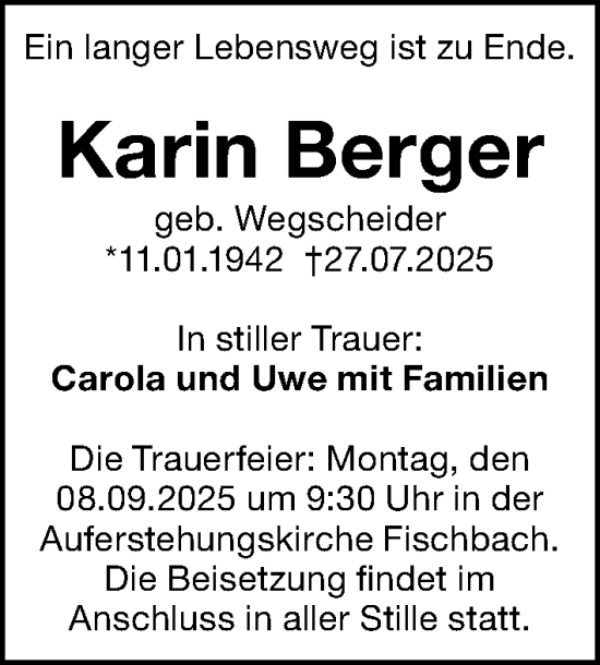 Traueranzeige von Karin Berger von Gesamtausgabe Nürnberger Nachrichten/ Nürnberger Ztg.