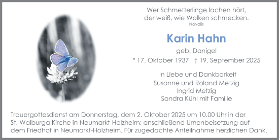 Traueranzeige von Karin Hahn von Gesamtausgabe Nürnberger Nachrichten/ Nürnberger Ztg.